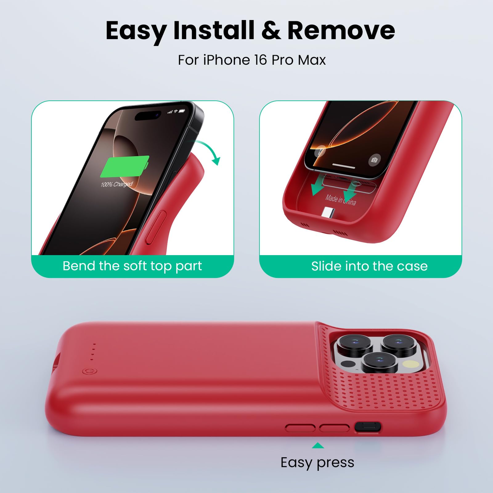 Feob Cover Batteria per iPhone 16 Pro Max, 8600mAh 15W Custodia Ricaricabile Battery Case Custodia Batteria Cover Caricabatterie Power Bank per iPhone 16 Pro Max (6,9") Charger Case (Rosso)