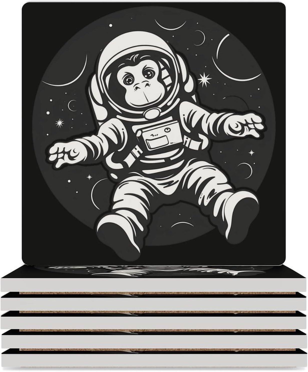 Space Travel Astronaut Monkey Coaster for Drinks Square Ceramic Table Coasters Stone Mat Crafts 4PCS Home Kitchen Decor