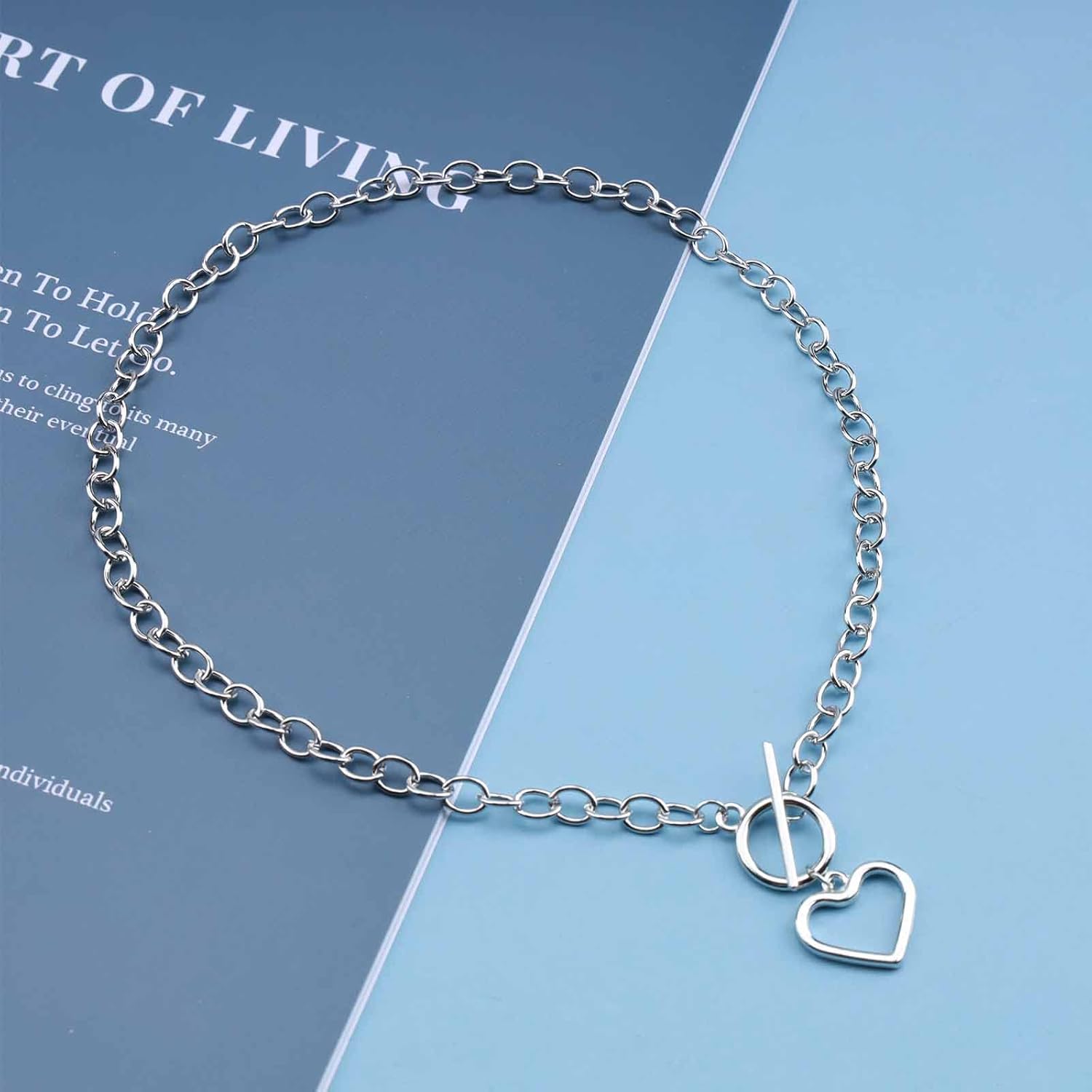 Vintage Love Heart Pendant Necklace Silver Toggle Chain Necklace Retro Thick Chain Necklace T Bar Choker Necklace Jewelry for Women - Image 3