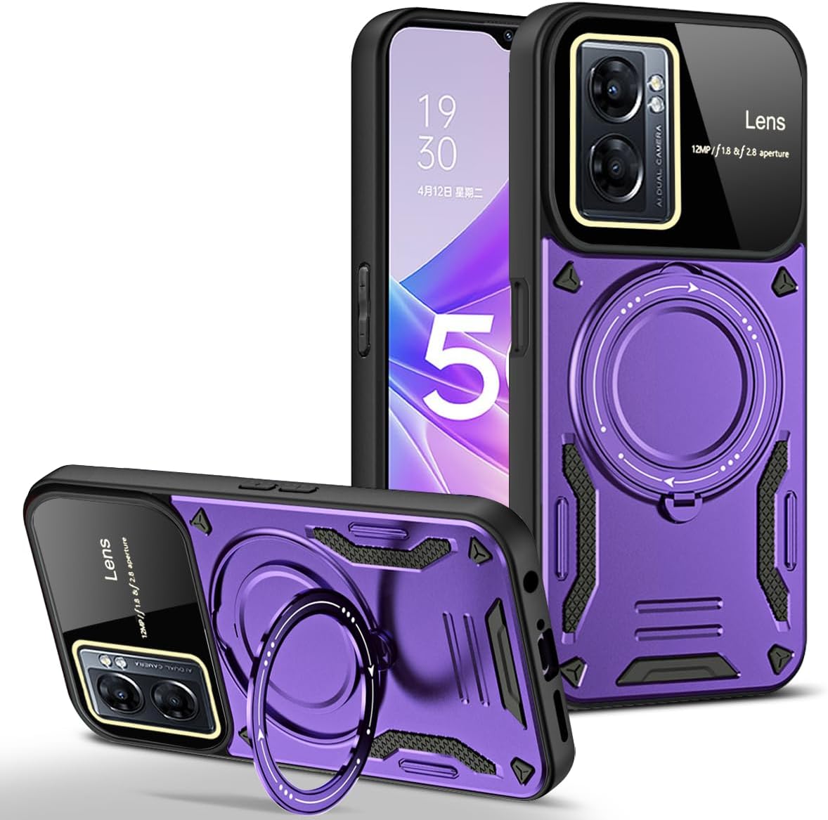 Case for Oppo A77 with Magnetic Attraction 360° Ring Stand Cover for Oppo A77 with Screen Camera Protector Hard PC TPU Case Purple