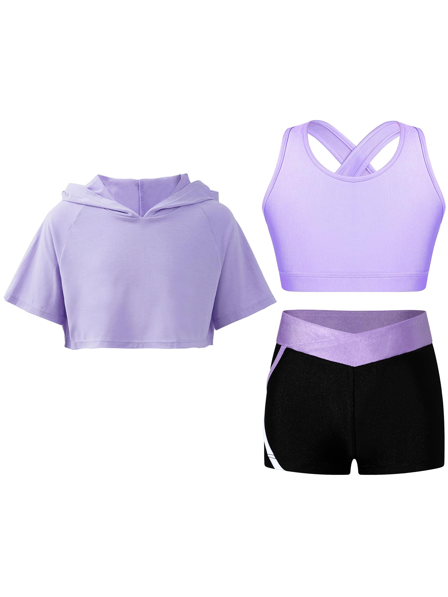 Alvivi Chándal Corto Niña de Verano Sudadera Capucha de Manga Corta y Tanks Top Deporte y Leggings Gimnasia de Elástica Conjunto de Entrenamiento