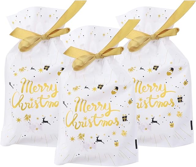 Gold Merry Christmas 50Pcs Christmas Drawstring Gift Bags Xmas Tree Gift Wrapping Bags Present Package Bag Plastic Sweet Treat Goody Chocolate Bag for Wedding Anniversary Merry Christmas Party-J