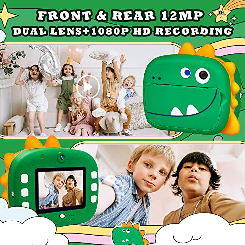 Wq Kids Camera Instant Print, 1080P Dinosaur Digital Print For With Dual Lens,Selfie Video Phone Connected,Zero Ink Ideal Gift Boys Girls 3-12 #TOP1