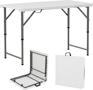 COSTWAY Folding Camping Table, 3-Level Adjustable Height Party Picnic Table with Carrying Handle, Fold-in-half Portable Outdoor Indoor BBQ Dining Tables (122 x 61 x 50-74 cm)