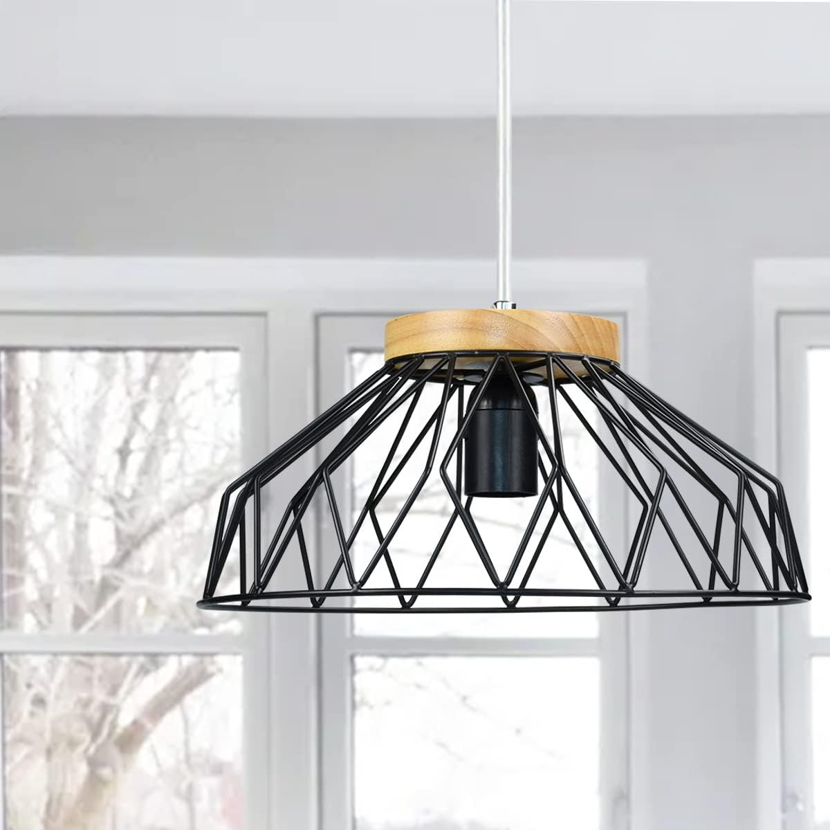 Aston Industrial Pendant Lamp with Wire Metal Shade and Wooden Deco for Kitchen Island,Dining Room,Farmhouse,Café,Adjustable Metal Hanging Light Fixture,Black