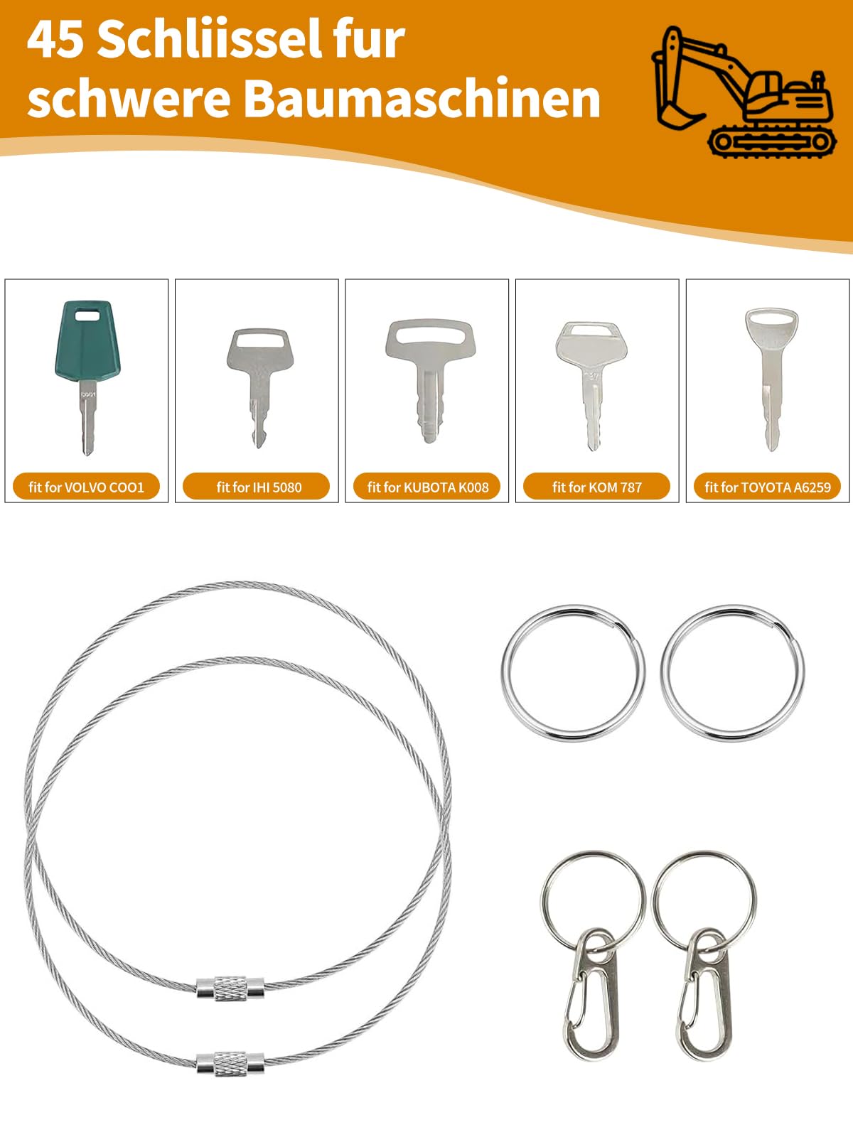 Set di 45 chiavi per macchine da costruzione, per escavatore, trattore, impilatore universale, compatibile con John, Deere, Cat, Toyota, Kubota, JCB, Hitachi, New Holland, Case, Clark, Massey