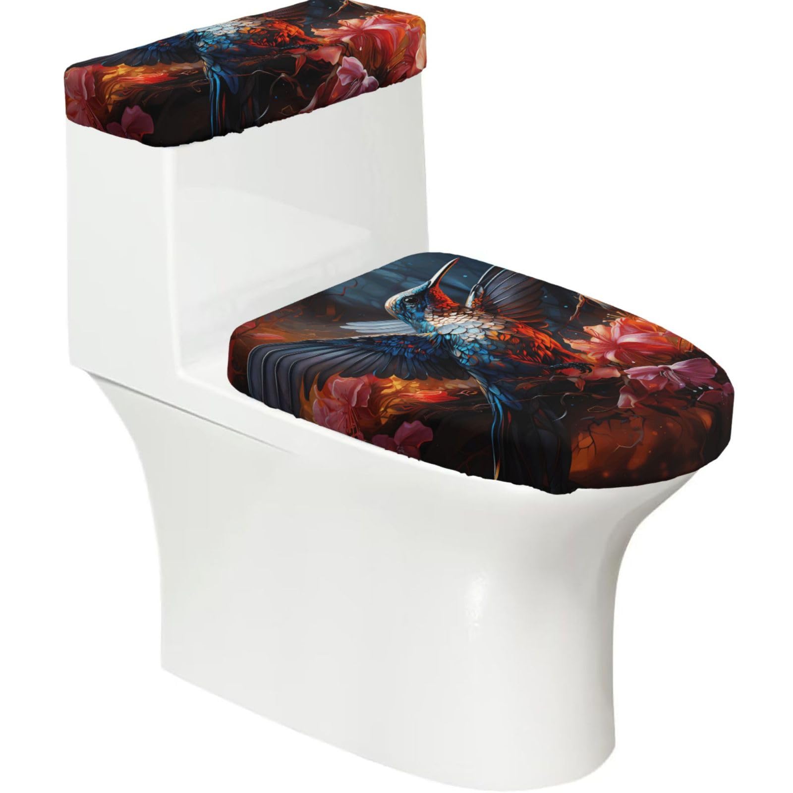 Sxzvvbn Black Hummingbird Soft 2Pcs Toilet Lid - Tank Covers, Elastic Reusable For U/O Shape Toilets, Bathroom Decor