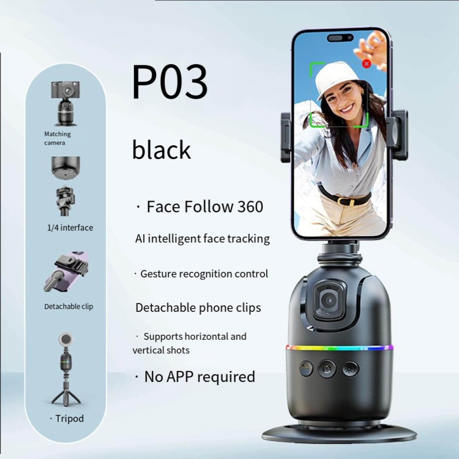 Gimbal girevole a 360° per stabilizzatore, per smartphone, con Face Tracking e otturatore remoto, supporto compatto da tavolo in ABS, per live streaming e vlogging, nero (doppia luce P03)
