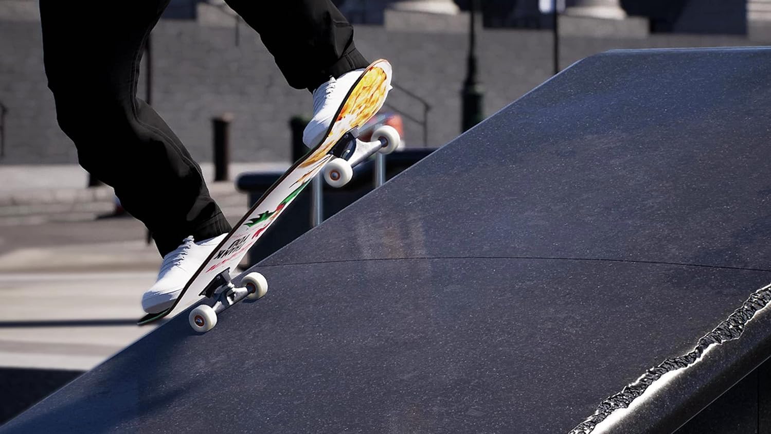 Close-up of a skateboarder's feet on a skateboard, illustrating the foot placement for controls.