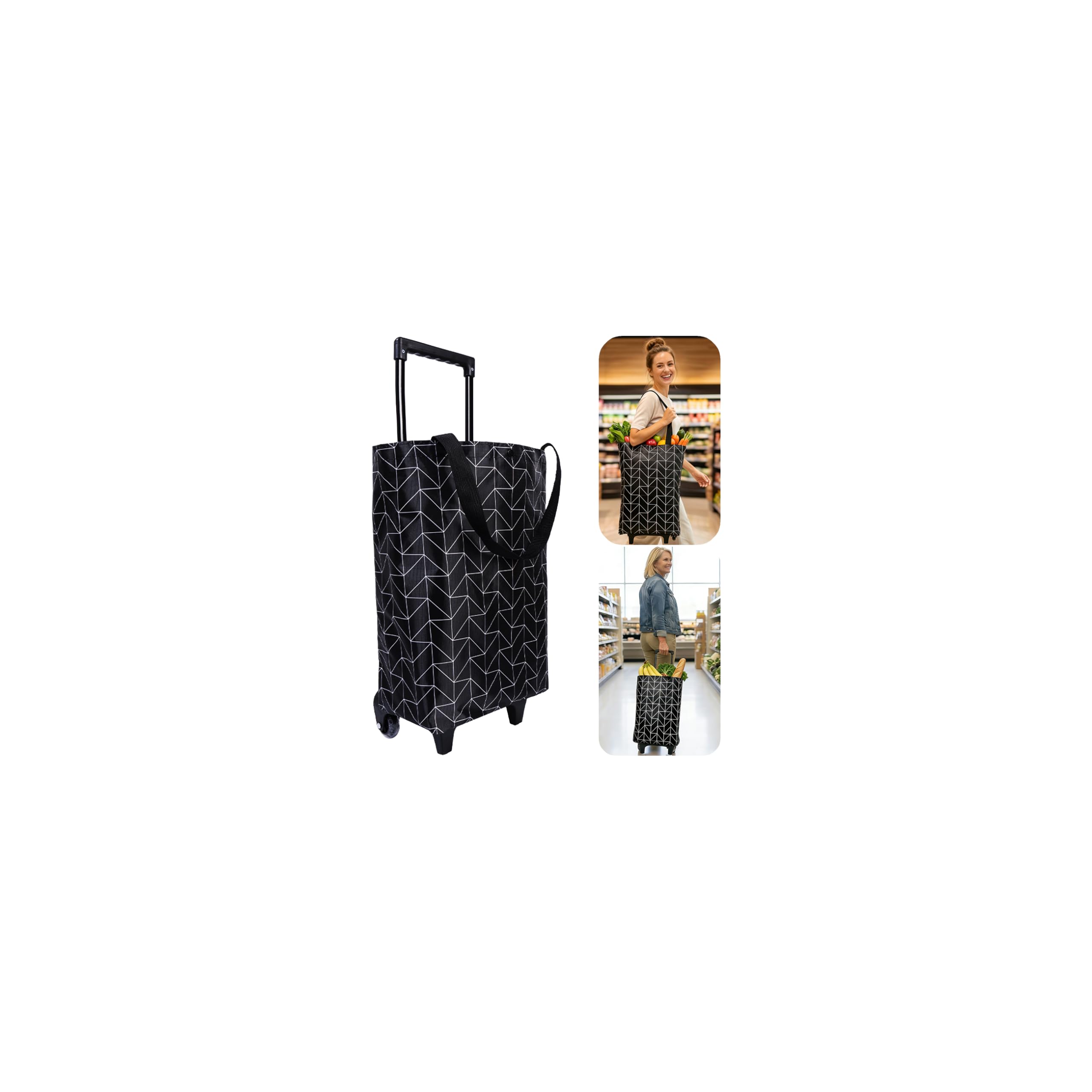 Rolling Shopping Bag, Small Shopping Cart with Wheels,Collapsible Portable Waterproof Tote for Market &amp; Grocery Runs–Gift for Women &amp; Seniors(Black)