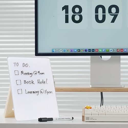 Miniatura 7 de ARCOBIS Pizarra blanca de vidrio de escritorio con soporte reversible de madera maciza, 9.5 x 6.8 pulgadas, pizarra pequeña de borrado en seco de