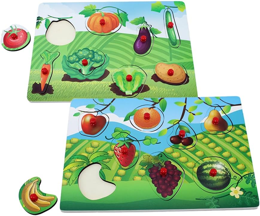 Peg Puzzle Set of 4 (32 pcs), Wooden Knob Puzzles for Toddlers, Vegetables, Fruits, Geometry Shapes and Beach Toys, Preschool Educational Cognitive Gifts.