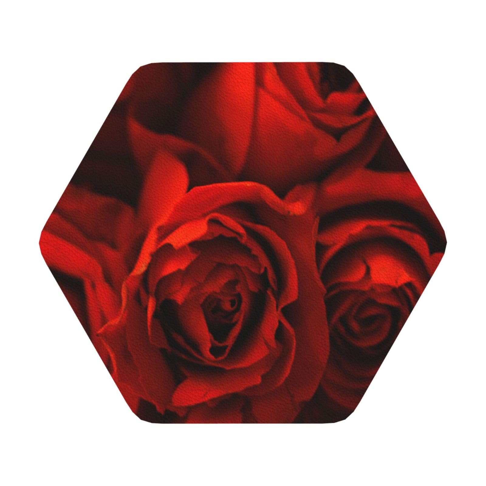 red rose PU Leather Coasters Set of 6 Hexagon Drink Coasters