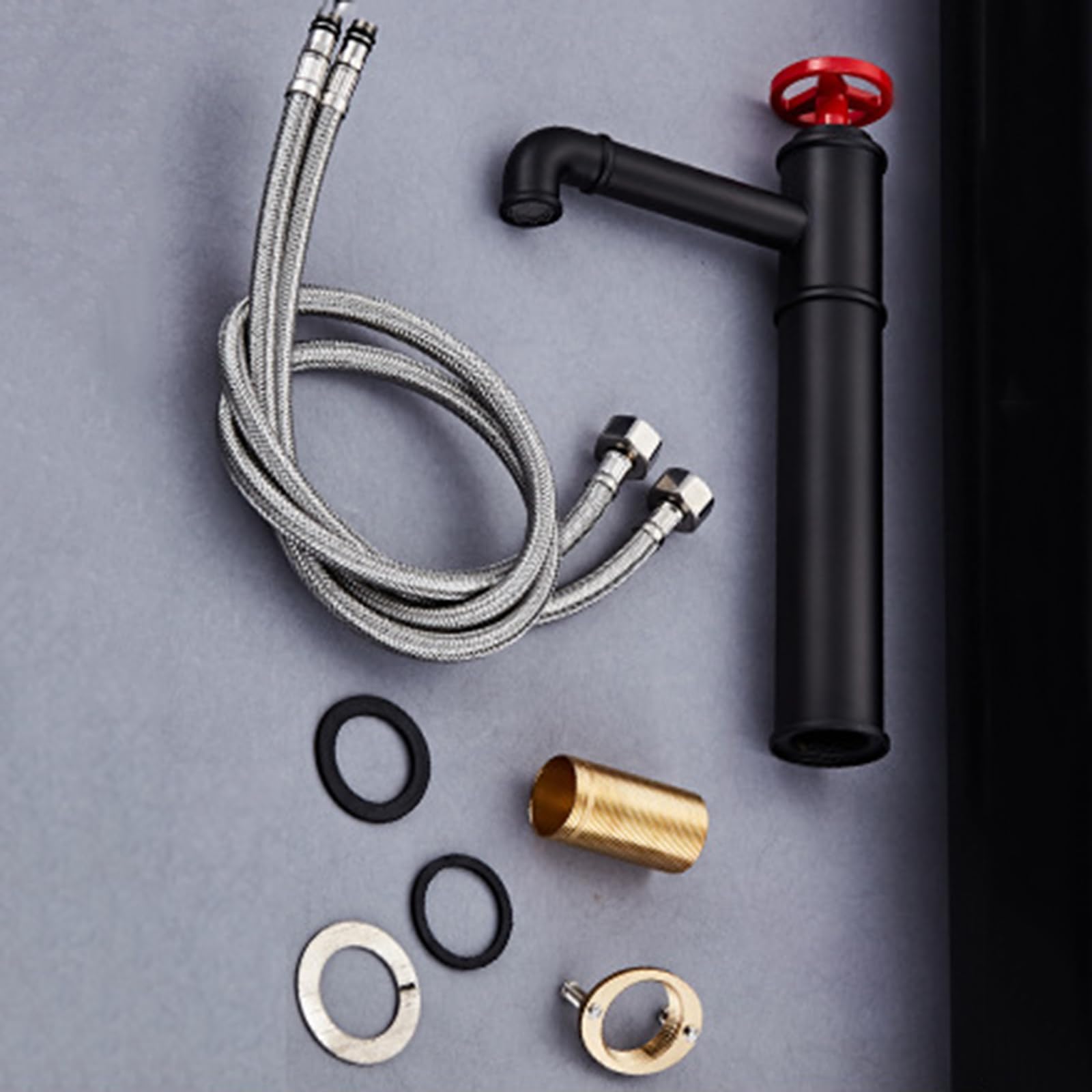 Grifo Lavabo Sobre Encimera Grifos Altos para Lavabos Agua Fría Y Caliente Un Solo Orificio Diseño de Manija Única,negro+rojo