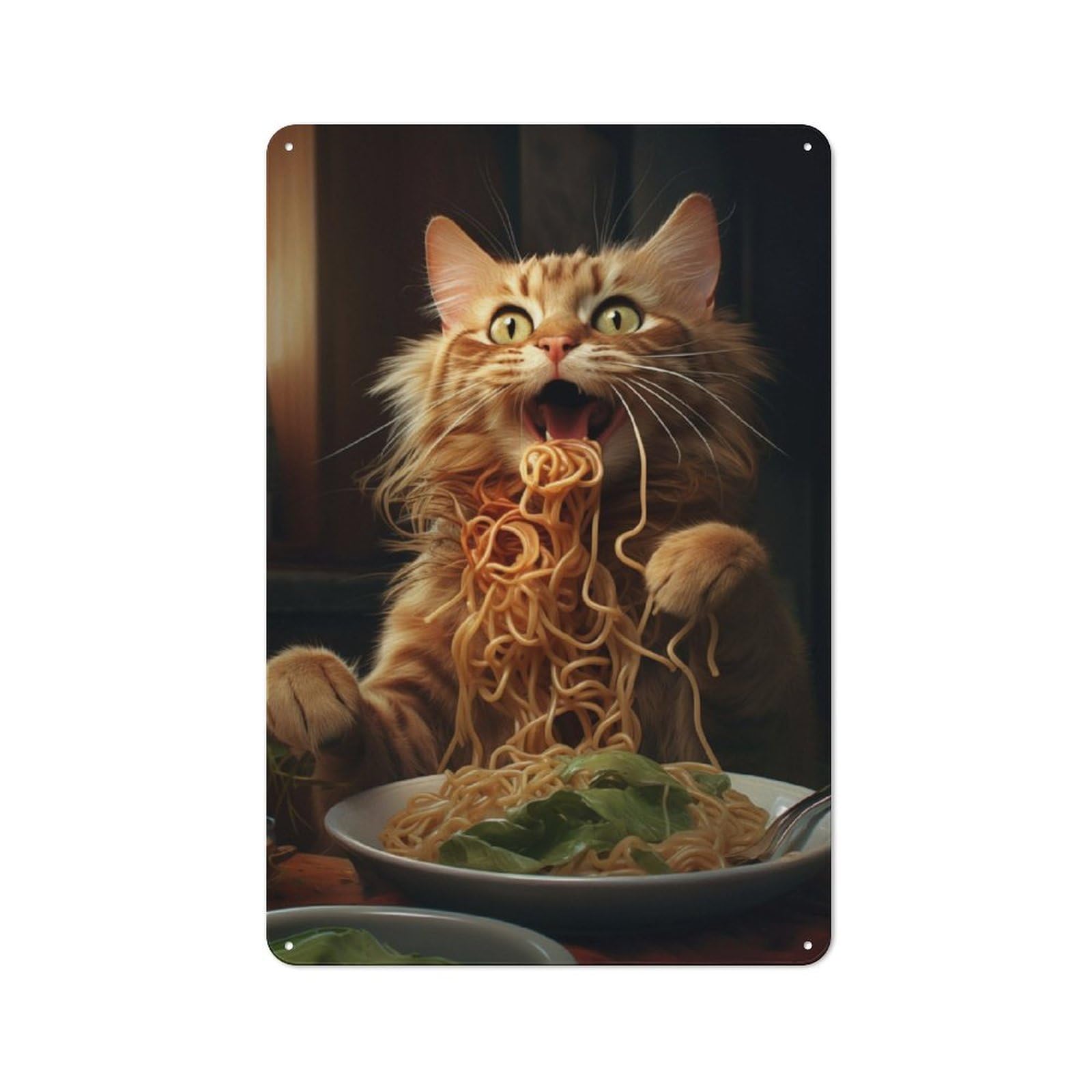 Junmoney Cat Eating Spaghetti Metal Wall Sign 30X20cm Featuring For Bar Or Restaurant, For Bar Decor Enthusiasts