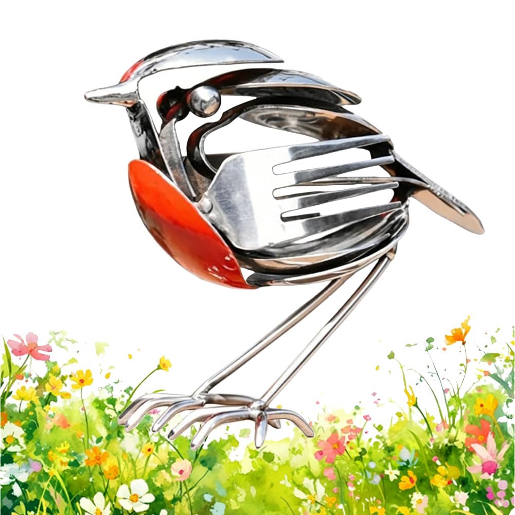 Heofonm 1Pcs Robin Bird Scrap Metal Art Sculpture, Handmade Recycled Fork & Spoon Robin Figurine, Rustic Red Chest Bird Statue Garden Ornament, Gifts For Bird Lovers (1Pcs)