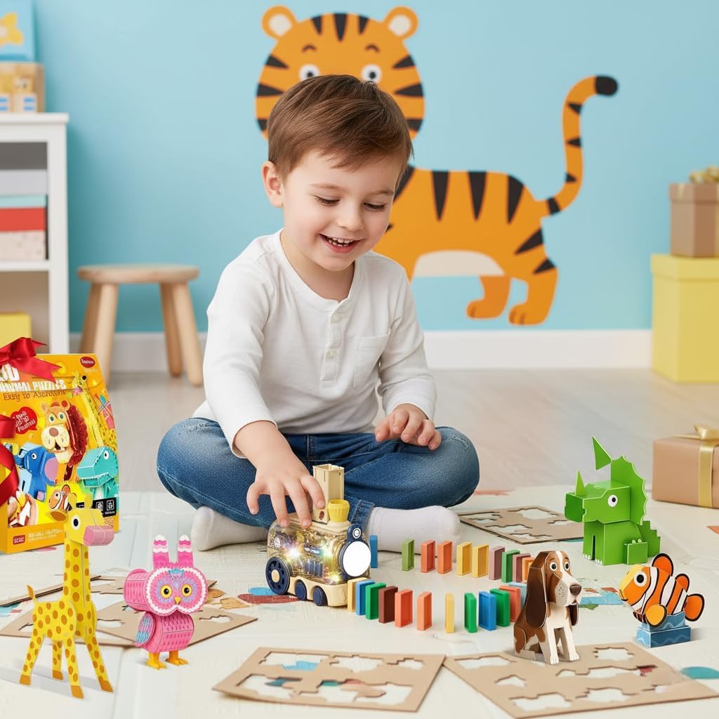 Domino Train Toy Kids Games, 80Pcs Automatic Dominoes STEM Montessori Stacking Set + 5-Pack 3D Cartoon Animal Foam Puzzles, Educational DIY Craft Kit, STEM Toys for Boys & Girls Birthday Gifts