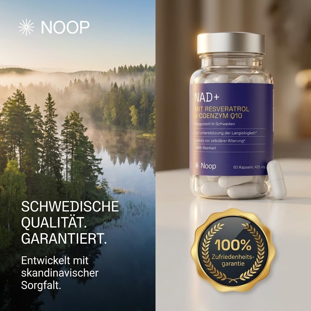 NOOP NAD Plus Kapseln Hochdosiert 900mg Premium NAD+ Komplex mit Trans-Resveratrol & Coenzym Q10 - Anti Aging Supplement mit 60 Vegane Kapseln und Laborgetestet, Made in Schweden