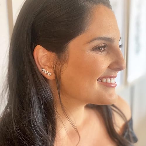 Miniatura 9 de Humble Chic - Aretes de oreja chapados en oro o plata de 14 quilates para mujer, aretes trepadores de hoja de cristal, hipoalergénicos, seguros para
