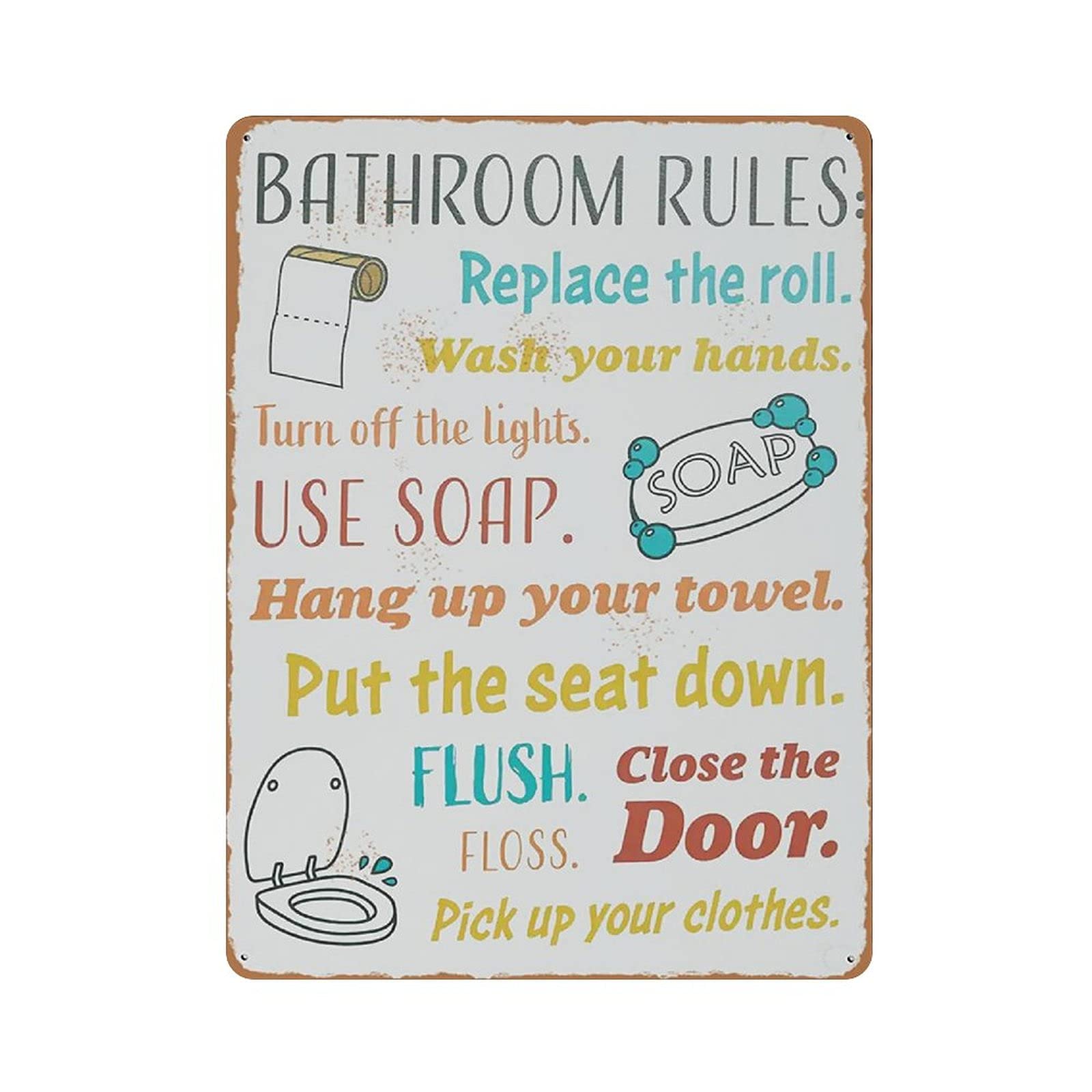 rayprint Metal Tin Sign Bathroom Rules Replace The Roll Wash Your Hands Tin Sign Metal Aluminum Sign Vintage Wall Decor Retro Poster for Bars Restaurants Cafes Pubs Home Decoration 16"x12"