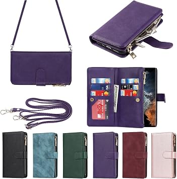 Eastwave Galaxy S22 Ultra Case Samsung Galaxy S22ultra SC-52C SCG14 Rope Case Folio Wallet Type IC Card Coin Pocket with Strap Card Storage Coin Pocket Zipper Pocket PU Leather 6 Colors Purple