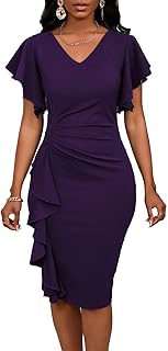Summer Church Dress for Women V Neck Ruffle Short Sleeve Bodycon Cocktail Work Midi Dresses - Buy now