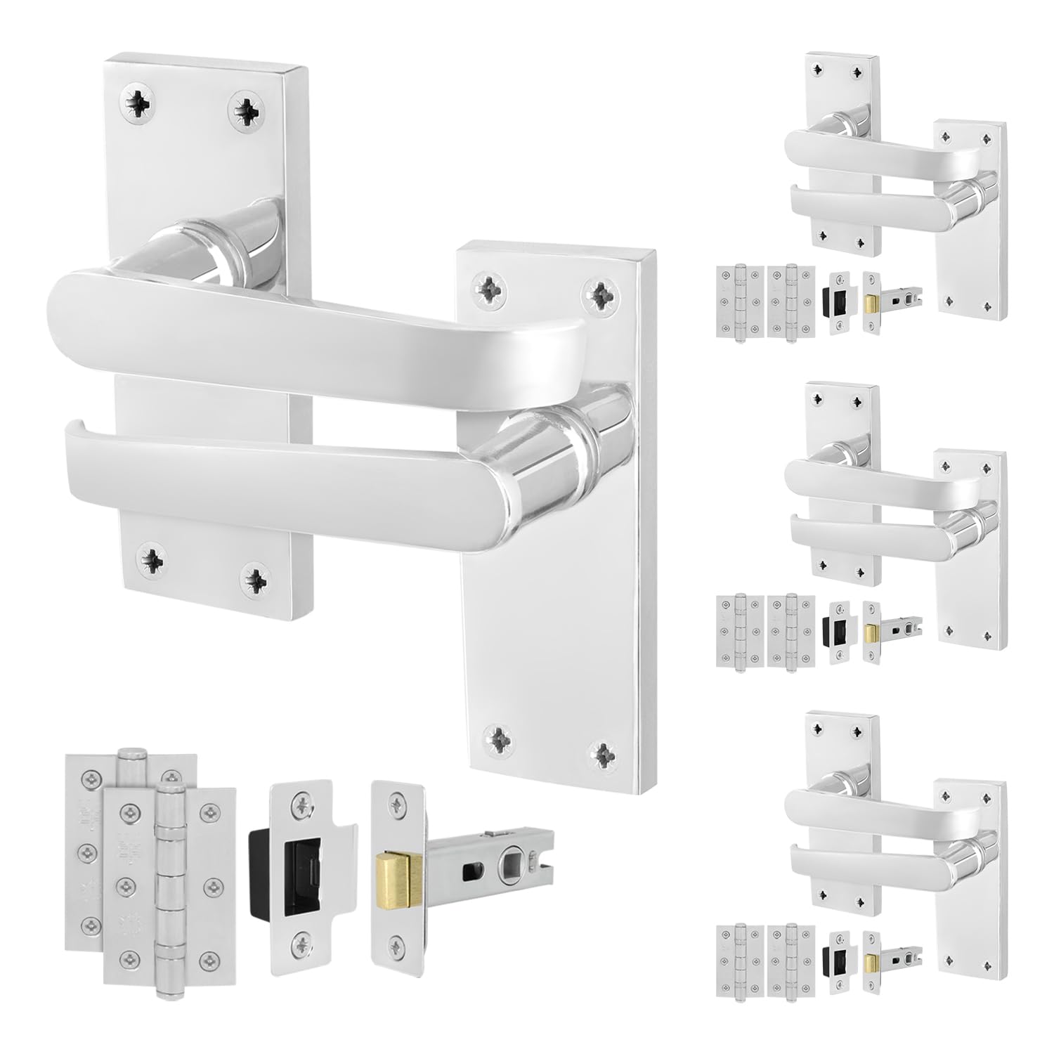 EAI Polished Chrome Door Handles with Latch 64mm and Hinges, 4 Pack
