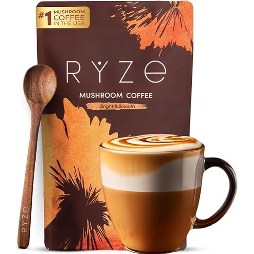 RYZE SUPERFOODS Mushroom Medium Roast Coffee USDA Organic with 6 Adaptogenic Mushrooms, USA Grown Instant Coffee for Better Energy, Focus Digestion Immunity with Lions Mane & Turkey Tail 30 Servings