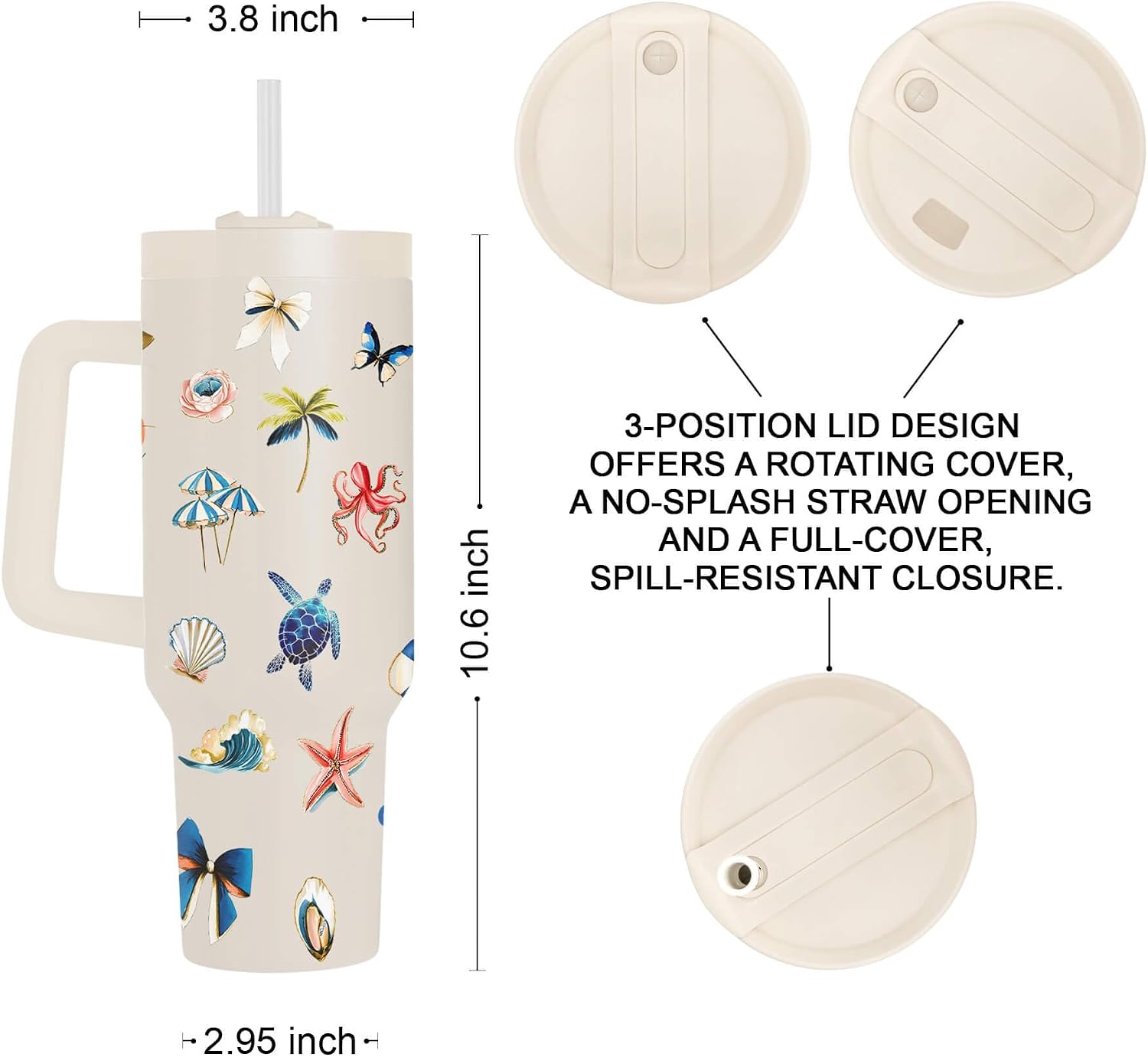 Fancyfams Beach Life 40oz Stainless Steel Insulated Water Tumbler with Handle, Nautical Coastal Watercolor Design, Sea Turtle, Shells Coquette Aesthetic, Travel Mug, Summer Gift image 5