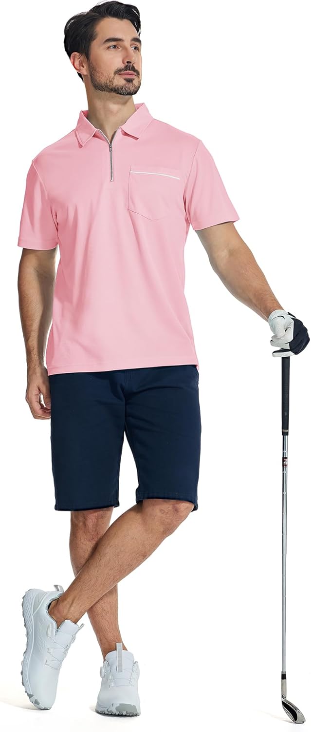 ZITY Mens Polo Shirts Quarter Zip Shirts Casual Classic Lightweight Short Sleeve Golf Collared Shirt with Pocket - Image 2