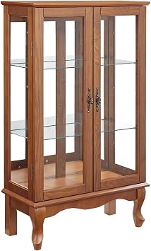 Elegant Vintage Wooden Display Cabinet with Glass Shelves and Doors, 3-Tier Illuminated Curio Storage Cabinet for Living Room, Oak