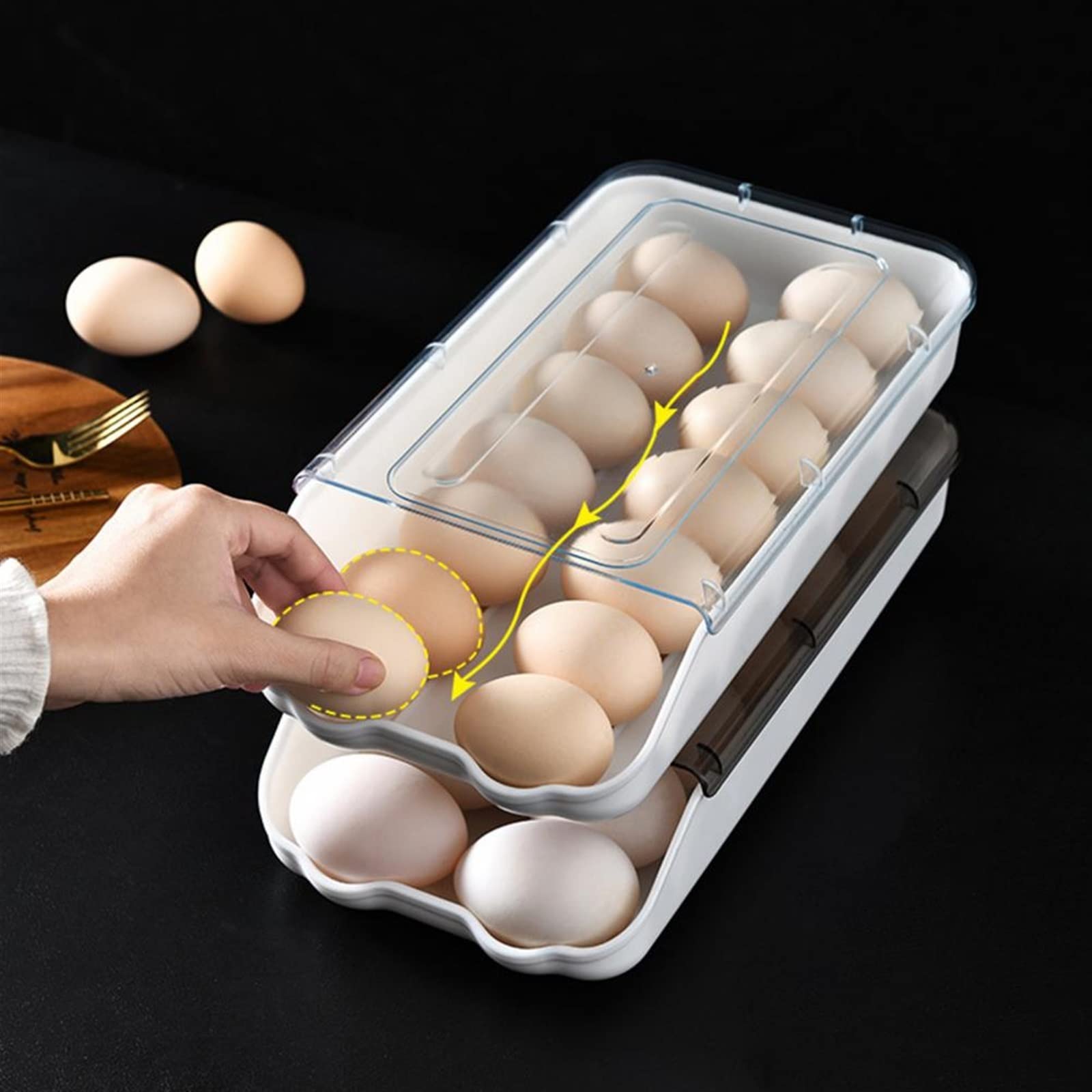 Cesta de Huevos Caja de Huevos rodante Cubierta Transparente Apilable Ahorro de Espacio Soporte de Almacenamiento de Huevos Deslizante automático para el hogar (Negro Transparente)