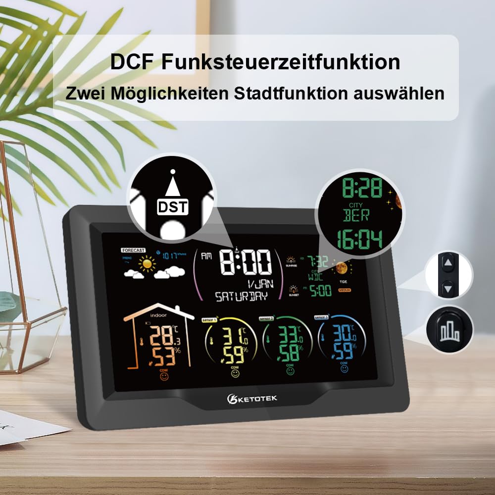 KETOTEK Funk Wetterstation mit 3 Außensensoren mit Wettervorhersage | Indoor Outdoor Digital Thermometer Hygrometer Barometer DCF Funkuhr Mondphase,Sonnenaufgang uSonnenuntergang Zeit