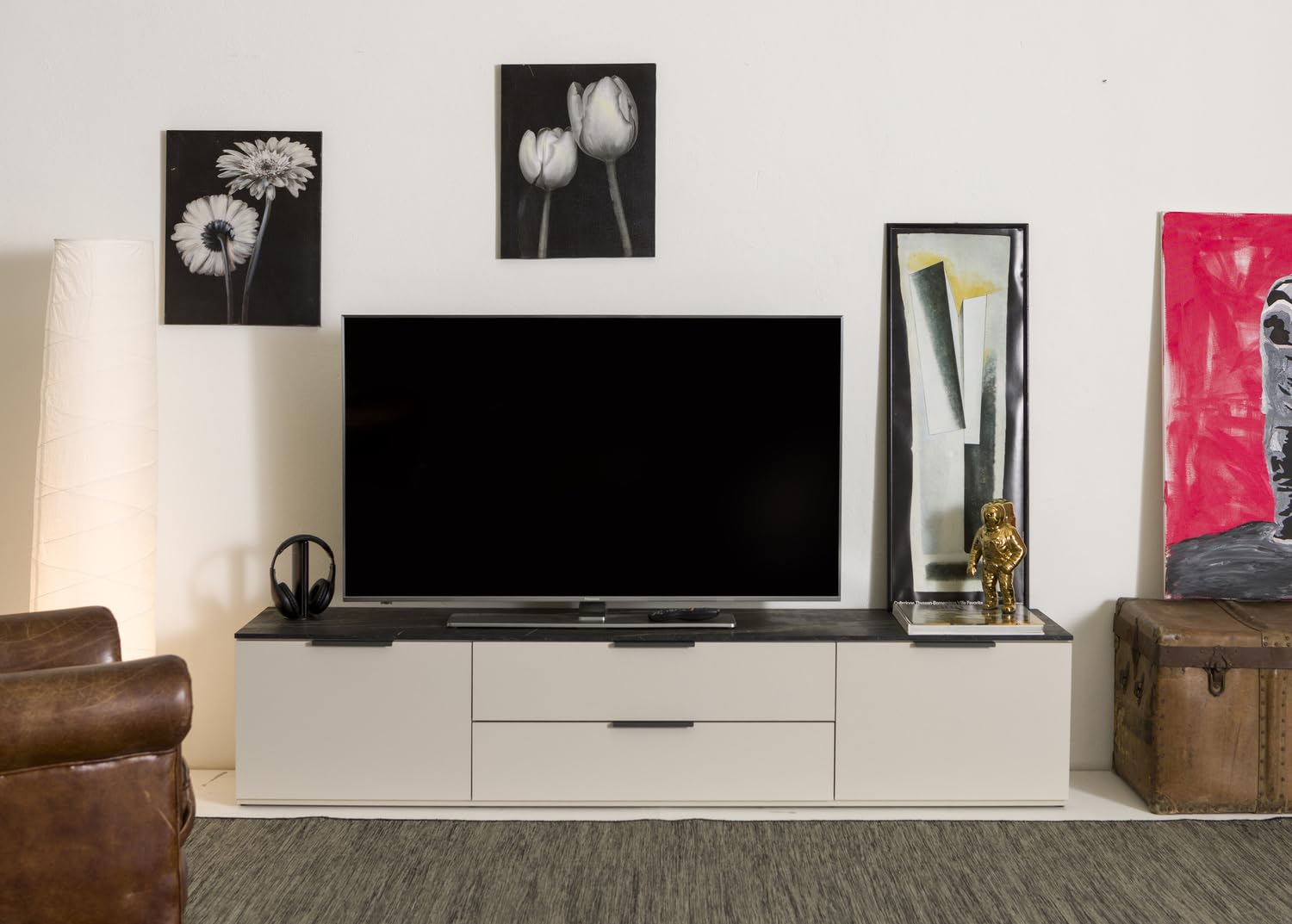 Composad | Mobile Porta TV della Linea Brina con 2 Ante e 2 Cassetti, Mobile Soggiorno Moderno, Base Tv, (LxAxP): 200x42,4x44,4 cm, Grigio Cashmere Topmatt e Marmo Blunt