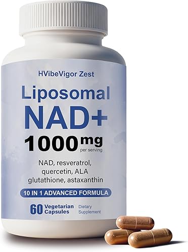 HVibeVigor Zest Suplemento liposomal NAD+ de alta pureza de 1000 mg  Fórmula 10 en 1 con alternativa a NMNH, resveratrol, ALA, glutatión  para