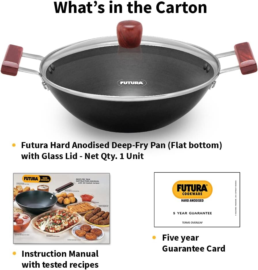Hawkins Futura 3 Litre Deep Fry Pan, Hard Anodised Kadai with Glass Lid, Flat Bottom Kadhai, Black (AD30G)