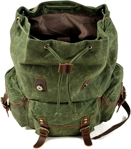 Miniatura 5 de WUDON Mochila de cuero para hombre, mochila de hombro de lona encerada para viajes y escuela, Portátil