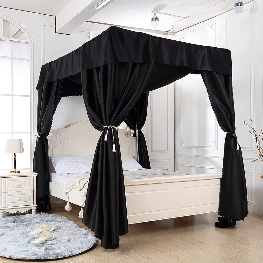 Obokidly Elegant Black 100% Lightproof 4 Corner Post Bed Curtain Canopy Bedroom Decoration for Adults Girls Boys Bed Canopies Child Gift (King, One Solid Black-Bed Curtain) : Home & Kitchen