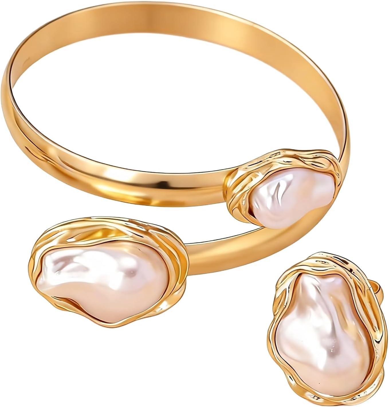 Vintage Irregular Pearl Bracelet Ring Set for Women, Chunky Cuff White Gold Matching Jewelry, Prom Fashion Accessories