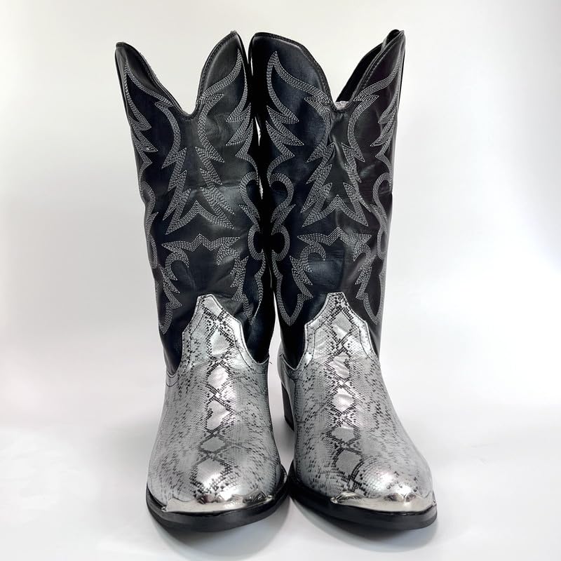 Cowboy Boots For Men Wide Calf Mid-Cylinder Embroidered Pointed Square Toe Chunky Block Heel Outdoor Work Boots2