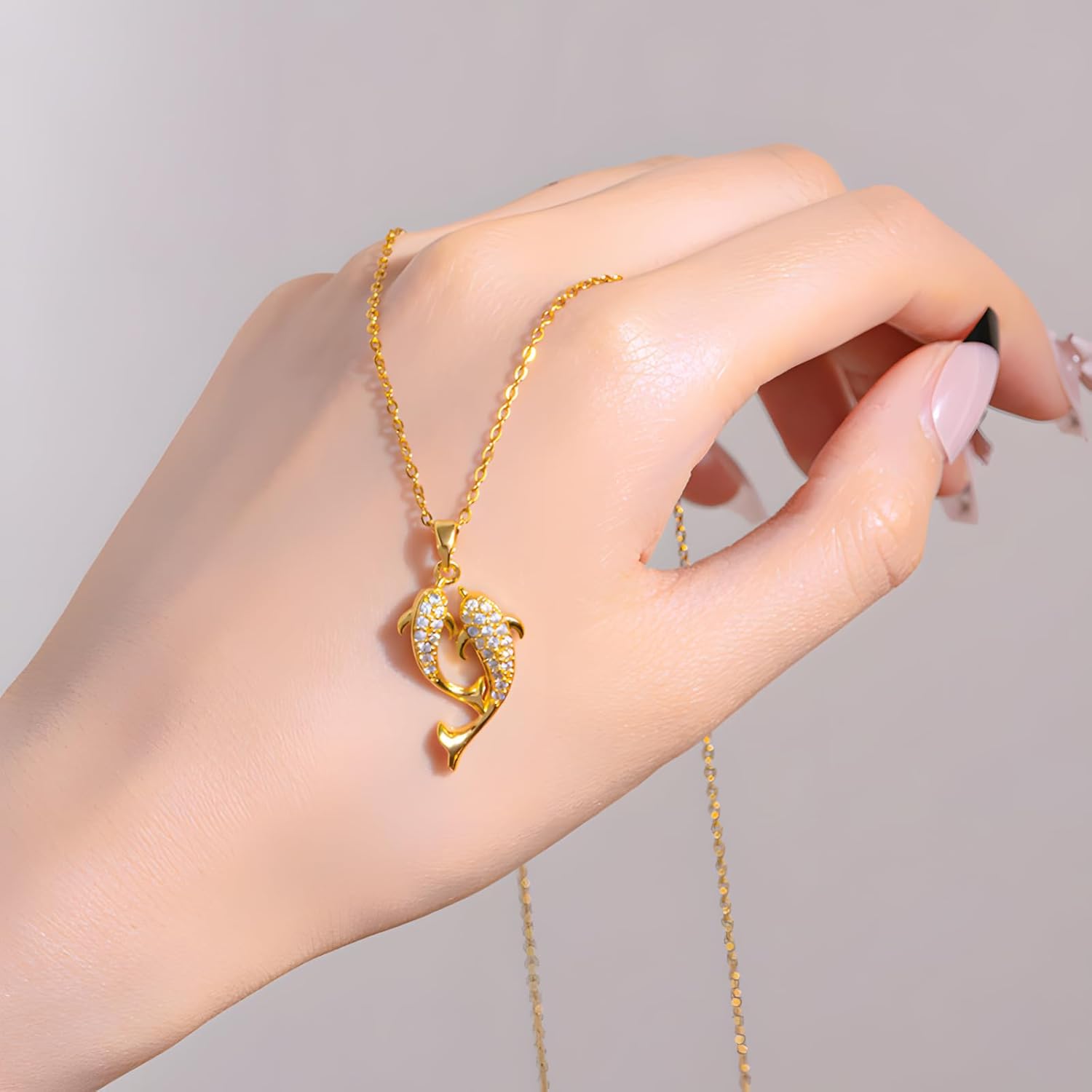 Cubic Zircon Dolphin Pendant Necklace for Women 14K Gold Plated Fish Necklace Cute Double Dolphin Necklaces - Image 6