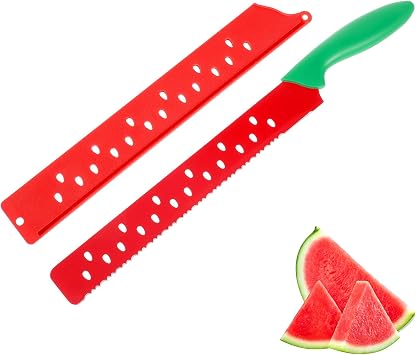 Gatuida Serrated Stainless Steel Melon Knife with Sleeve, Red Watermelon Cutter Slicer Tool, 17.12 Inch, Kitchen Baking Pastry Knife for Bread Cake Pizza