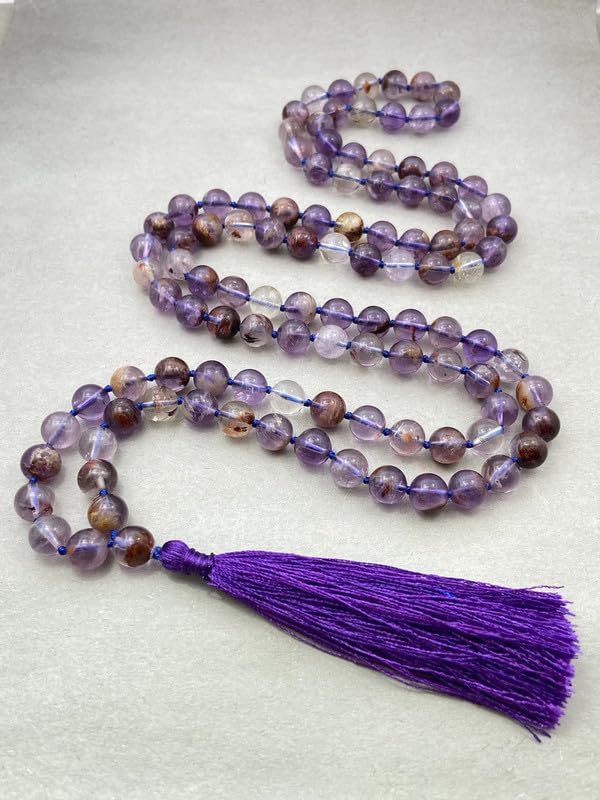 Natürliche AAA Super Seven 108 Mala-Halskette | 108 Mala-Halskette mit Gebetsperlen | Handgeknüpfte Mala aus Lapislazuli | Japa Mala | 6 mm runde Perlen | Meditationsquaste | Buddhistische Mala