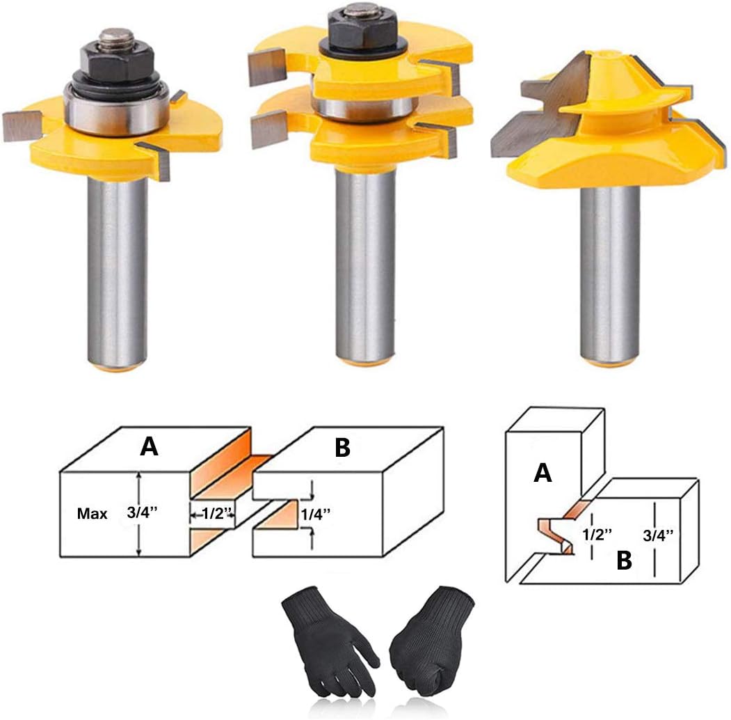Tongue and Groove Router Bit Tool Set 1/2 Inch Shank with 45°Lock Miter Bit 1/2 Inch Shank T Shape Milling Cutter for Doors Tables Shelves DIY Woodworking and More