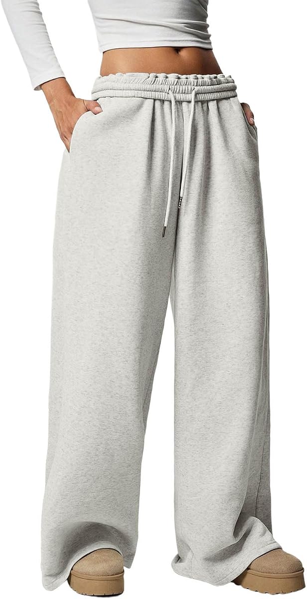 NaRHbrg Womens Sweatpants Fleece Wide Leg Elastic Waist Pocket Casual Pants