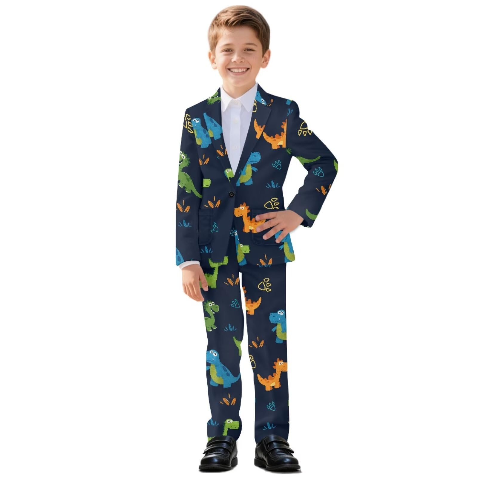 Biyejit 2-teiliges Anzug-Set für Jungen, mit einem Knopf, Blazer und Hose, lässige Smokingjacke, Alter 5–14 Jahre, Dinosaurier, 11-12 Jahre