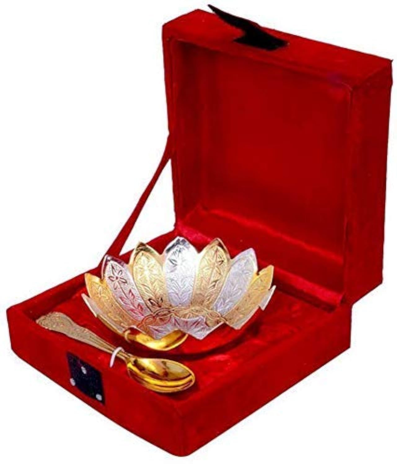 R Ayurveda Copper Silver And Gold Plated Metal Bowl Set With Spoon In Floral Pattern Best Wedding Return Gift. In Velvet Gift Box.Birthday Home Decor Housewaring Baby Shower Gift, 250 Ml