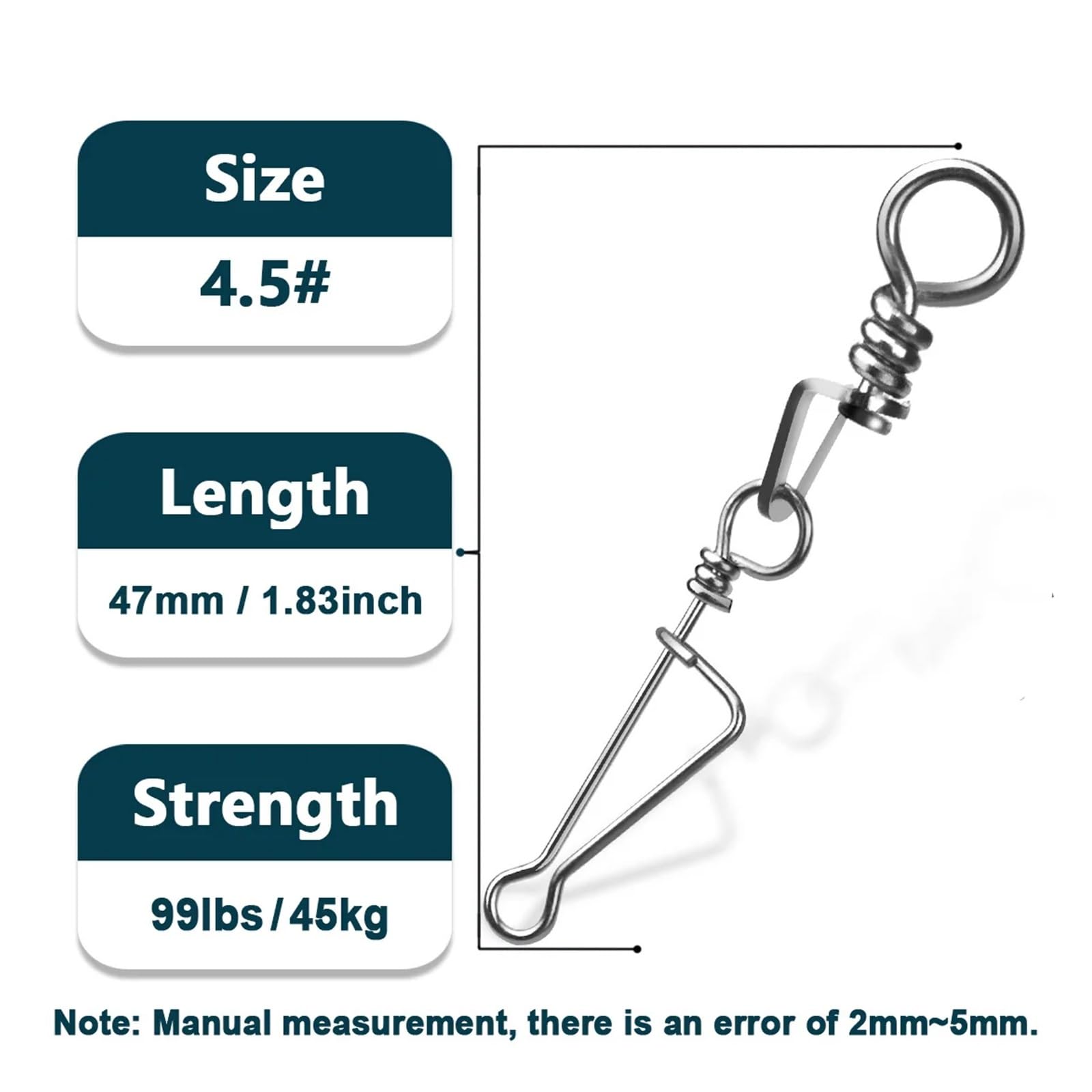 25~100 pièces pêche Moins émerillons roulants connecteur de leurre de pêche Boutons-Pression Carpe Bar Eau Douce(Size 4.5 47mm 45kg,100 Pcs)
