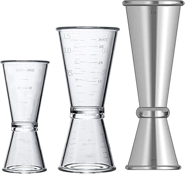 Double Clear Plastic and Stainless Steel Japanese Style Jigger Cocktail Measuring Shot Glasses Drink Spirit Measure Cup for Bar Party Kitchen Tool Set of 3