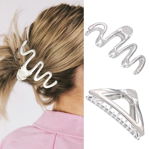 Casdre Pinza de metal para el cabello, triángulo plateado, plátano, fuerte sujeción para el cabello, pinzas para el cabello ondulado de 3.7